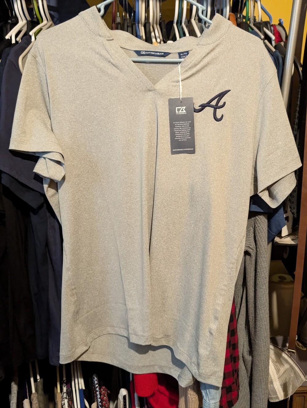 Cutter & Buck Light Gray V-Neck Short Sleeve Shirt with Navy 'A' Logo